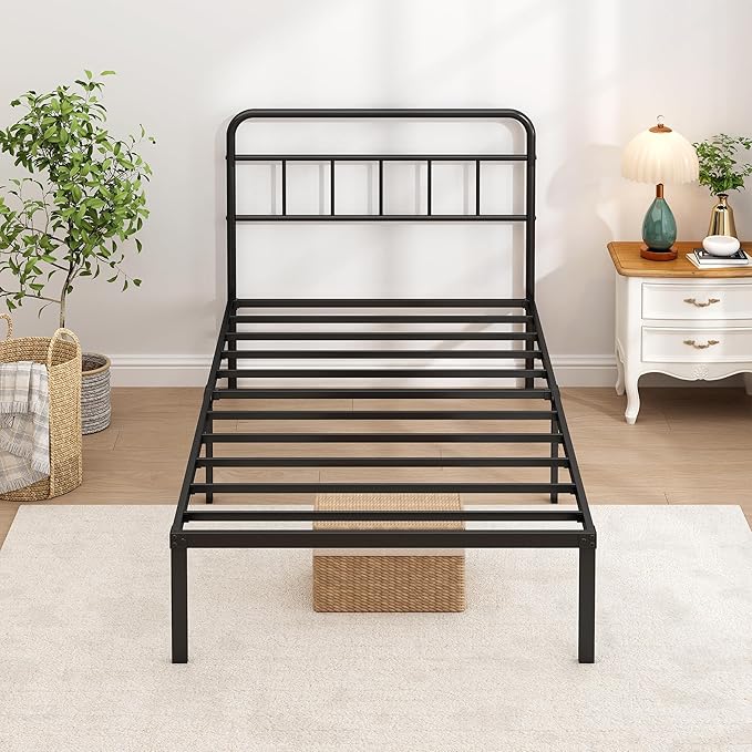Twin Bed Frame with Classic Headboard,Strong Metal Slats Support,Under Bed Storage Space,No Box Spring Needed,Easy to Assemble,Black