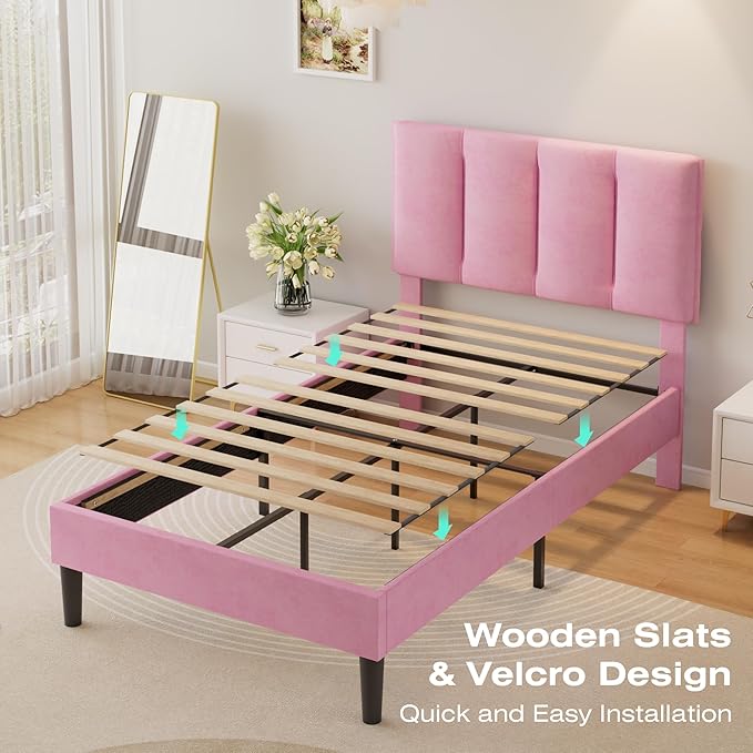 VECELO Twin Size Bed Frame with Upholstered Headboard, Heavy-Duty Bedframe with Wooden Slats & Steel Framework, Easy Assembly, Pink