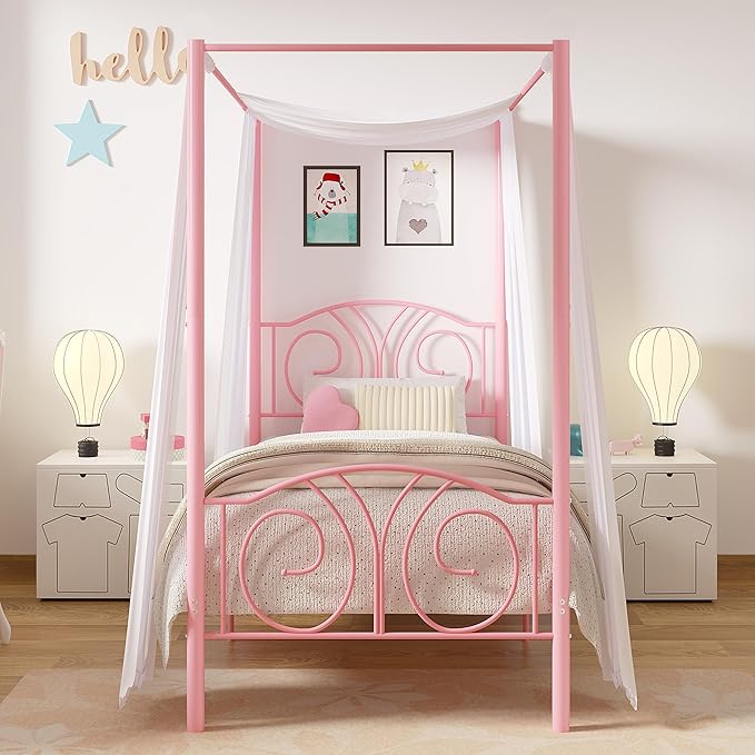 VECELO Metal Canopy Bed Frame Twin Size, 4 Posters Platform Mattress Foundation with Headboard, Heavy Duty Steel Slats Support, No Box Spring Needed, Pink