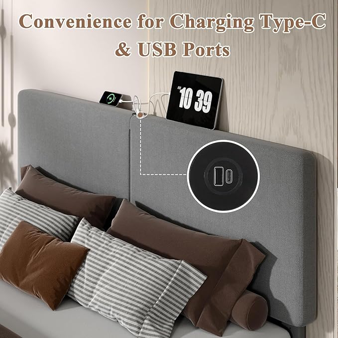 VECELO Full Size Bed Frame with Charging Station, Type-C & USB Ports, Upholstered Platform Design, No Box Spring Needed, Noise Free, Easy Assembly, Dark Grey