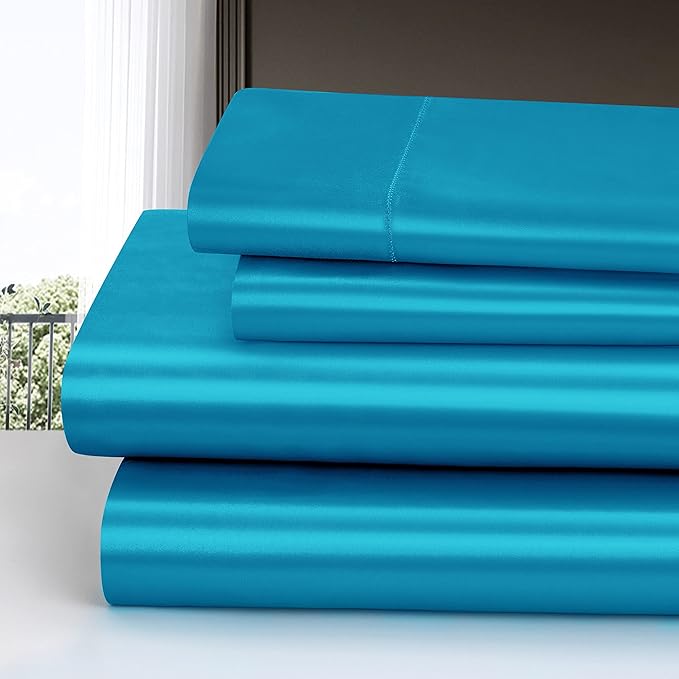 Homiest 4pcs Satin Sheets Set Luxury Silky Satin Bedding Set with Deep Pocket, 1 Fitted Sheet + 1 Flat Sheet + 2 Pillowcases (Full Size, Turquoise)