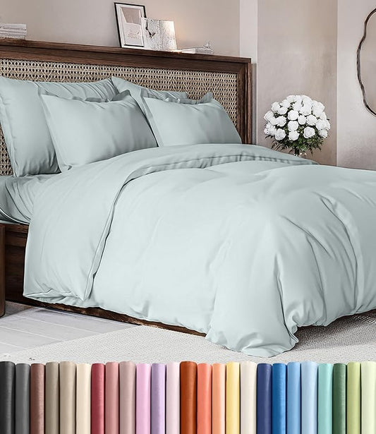 Duvet Cover Queen Size Set - Extra Soft Queen Duvet Cover 90" x 90" with 2 Pillow Shams - Hotel Luxury, Easy Care & Fade Free w/ Zipper Closures & Ties - All Season, Comfy and Breathable (Ice Blue)