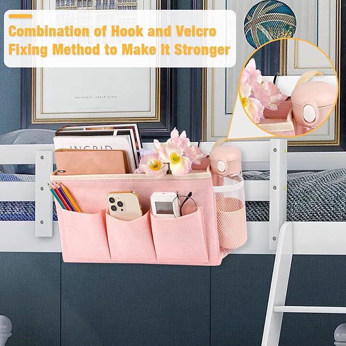 Lilithye Bedside Caddy Bedside Organizer Bedside Storage Caddy with Fixed Straps and Water Bottle Holder for Home College Dorm Bunk Bed Hospital Bed Crib Bed Rails (Pink)