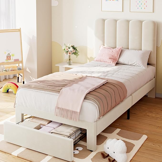 IDEALHOUSE Twin Bed Frame with Storage Drawer and Headboard, Velvet Upholstered Twin Platform Bed Frame for Girls, Strong Wooden Slats Support, Noise-Free, Easy Assembly (Beige)