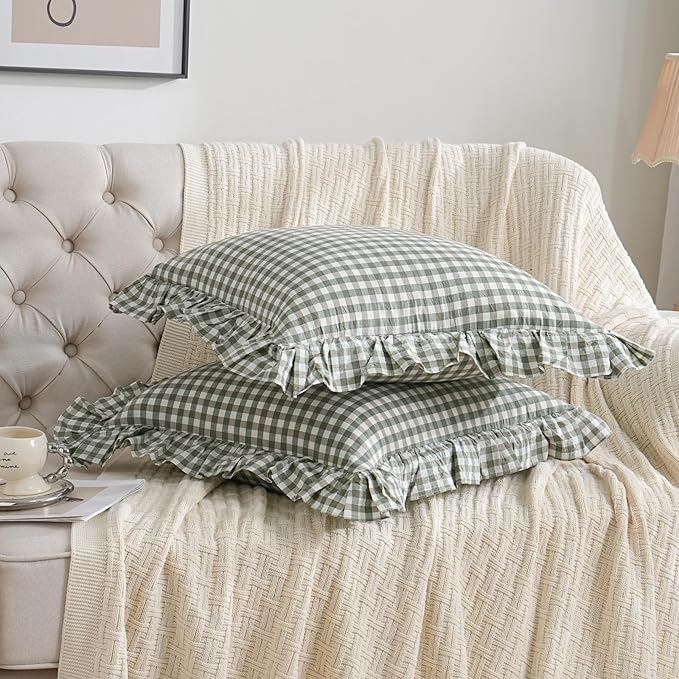 2 Pack Sage Green/White Plaid Ruffle Throw Pillow Covers Farmhouse Checkered Chic Washed Cotton Pillowcases Gingham Pillow Shams for Bed, Sofa, Living Room-20"x20" Sage Green