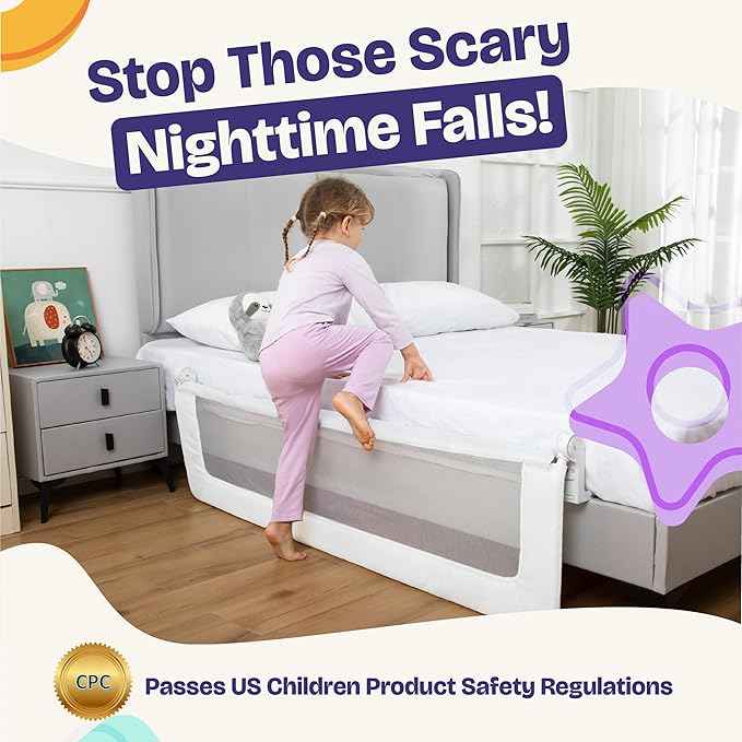 ComfyBumpy 1-Pack Bed Rail for Toddlers 55.5" L x 19.5" H | Toddler Bed Rails for Twin, Full, Queen & King Mattress Size | Swing Down Rail Guard | Mattress Side Rail for Kids | White