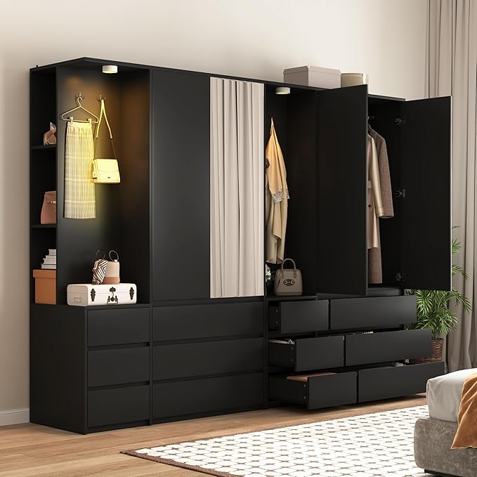 Armoire Wardrobe Closet with Mirror Door and LED Light, Bedroom Armoire with 6 Drawers, Modern Wooden Large Wardrobe Closet with Shelves, Wooden Armoire with Hanging Rod for Bedroom(Black)