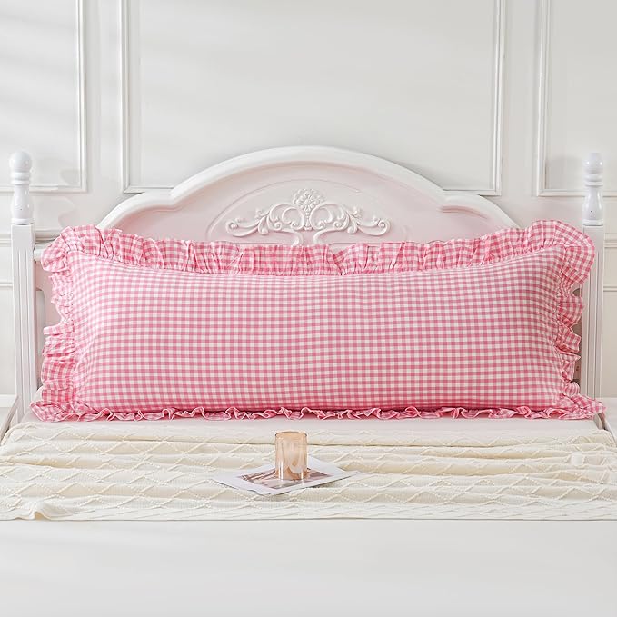 Pink/White Gingham Body Pillow Sham 20x54 inches, 100% Washed Cotton Ruffled Vintage Pillowcase Farmhouse Body Pillow Cover for Bed/Sofa