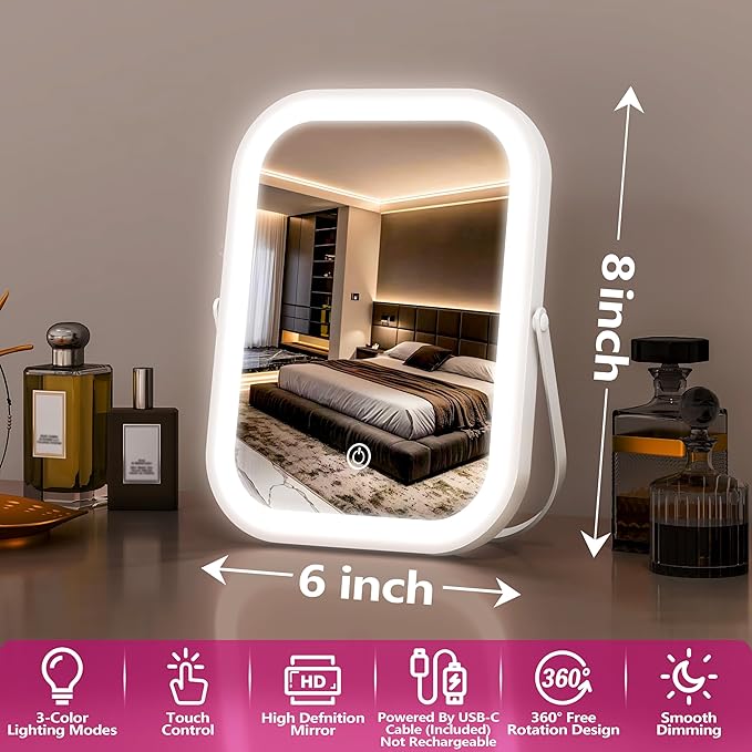 PRIMETEK Travel Makeup Mirror with Lights, Portable Small Beauty LED Vanity Mirror with Lights, 1200mAh Battery, Dimmable Touch Screen, Tabletop Folding Compact Mirror,Women Gift