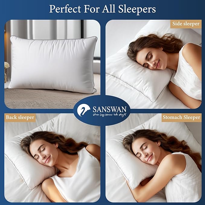 SANSWAN Goose Down Feather Queen Pillows Set of 2, Luxury Hotel Quality Pillow, Firm, Cooling