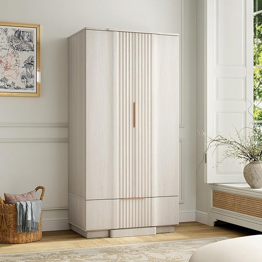 Yechen 67" Fluted Armoire Wardrobe Closet with Doors and Drawer, Wooden Wardrobe Cabinet with Adjustable Shelve, Modern Small Armoires for Hanging Clothes Coats for Bedroom, White Grey