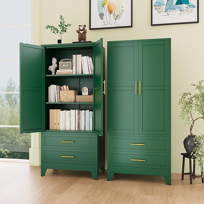 erosoei 71" H Metal Pantry Storage Cabinet,Office File Cabinets with 2 Drawers and Shelves, Kitchen Cupboard Storage Cabinet for Bedroom and Dinning Room（Green）