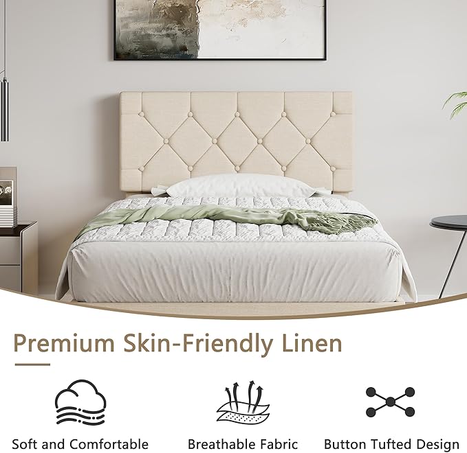 VECELO Twin Size Bed Frame with Button Tufted Headboard, Upholstered Platform Bedframe with Wood Slat Support, No Box Spring Needed, Dark Beige