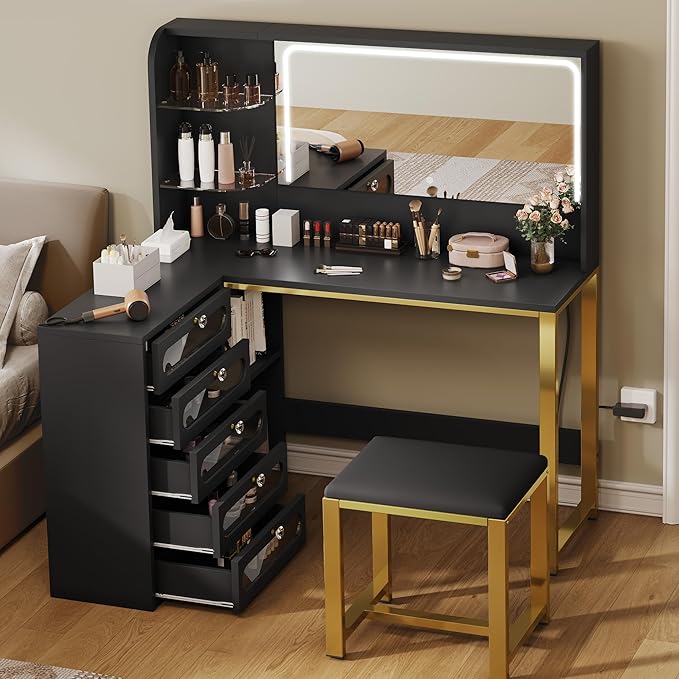 YITAHOME Vanity Desk Set- L Makeup Vanity with Mirror and Lights 3 Lighting Modes, 48" Large Makeup Table with 5 Tempered Glass Drawers with Open Storage Shelves Vanity Table, Black