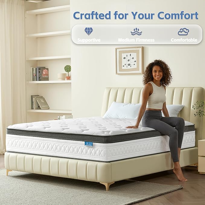 Full Size Mattress, 12 Inch Cooling Hybrid Full Mattress in a Box, Medium Firm with Gel Memory Foam & Pocket Coils, Motion Isolation, Pressure Relief, CertiPUR-US