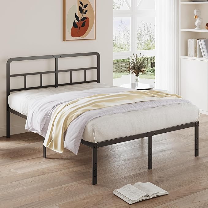 DiaOutro 16 Inch Full Size Bed Frame with Headboard No Box Spring Needed, Heavy Duty Metal Platform with Steel Slat, Mattress Foundation, Easy Assembly, No Noise, Black