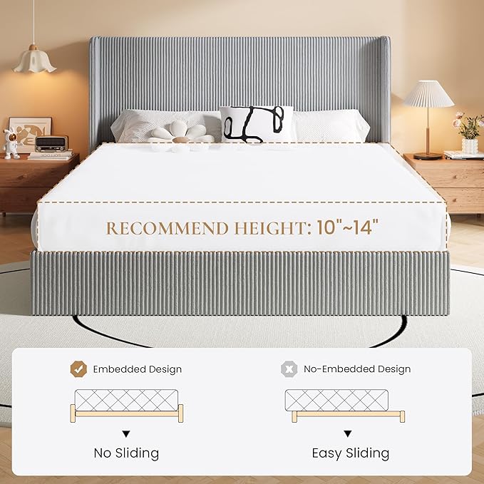 SHA CERLIN King Size Lift Up Storage Bed Frame, Modern Upholstered Wingback Headboard, Hydraulic Support & Underneath Storage, Soft Corduroy Fabric Platform Bed, No Box Spring Needed, Light Grey