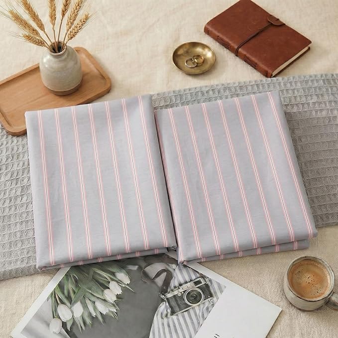 Merryword Queen Size Pillowcases, 100% Cotton Pillow Cases, Gray and Pink Striped Pillowcases, Luxury Linen Like Pillowcase, Soft Breathable Wide Stripes Pillow Covers, Set of 2