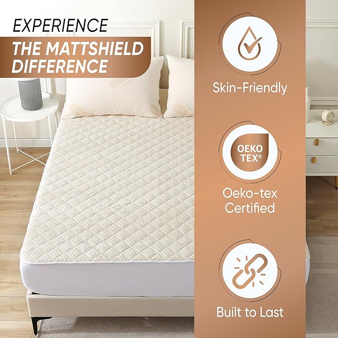 Luxury Quilted Organic Cotton Mattress Protector Full Size - 380 GSM Waterproof & Breathable Pad - Deep Pocket Fitted Cover - Soft & Silent Protection (Cotton Filling)