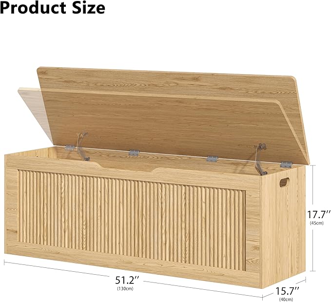 Akxomel Extra Large Fluted Storage Chest, 51.2" Storage Bench with 2 Safety Hinges, Shoe Bench, Wooden Box Bench, Long Storage Trunk with Lift Top, for Bedroom, Living Room, Entryway, Natural Oak