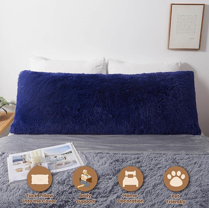 MEGO Shaggy Plush Body Pillow Cover, Faux Fur Fluffy Body Pillowcase, 20x54 Boho Fuzzy Full Body Pillow Case, Furry Long Big Throw Pillow Sham with Zipper for Home Bedding Couch Living Room Royal Blue