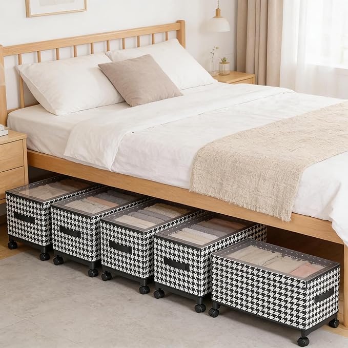 Under Bed Storage with Wheels, 65L Adjustable Underbed Bins 30.3×11.4×11.8" for Clothes Shoes Blankets (black - Transparent Cover)