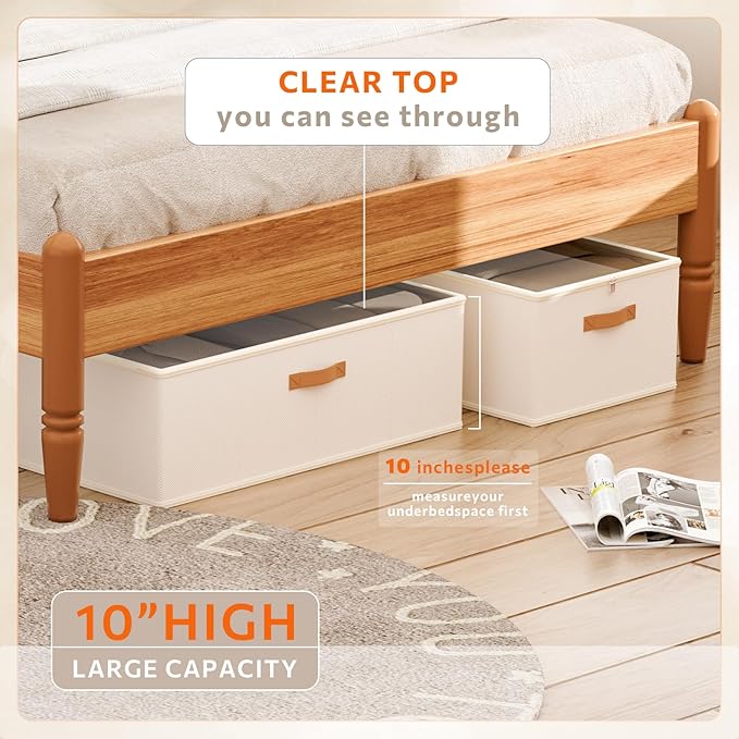 2 Pack Under Bed Storage Containers, 10 Inch Tall Underbed Clothes Storage Organizer Bin with Clear Window，Foldable Box Basket for Clothes, Closet, Bed Sheets and Blankets White