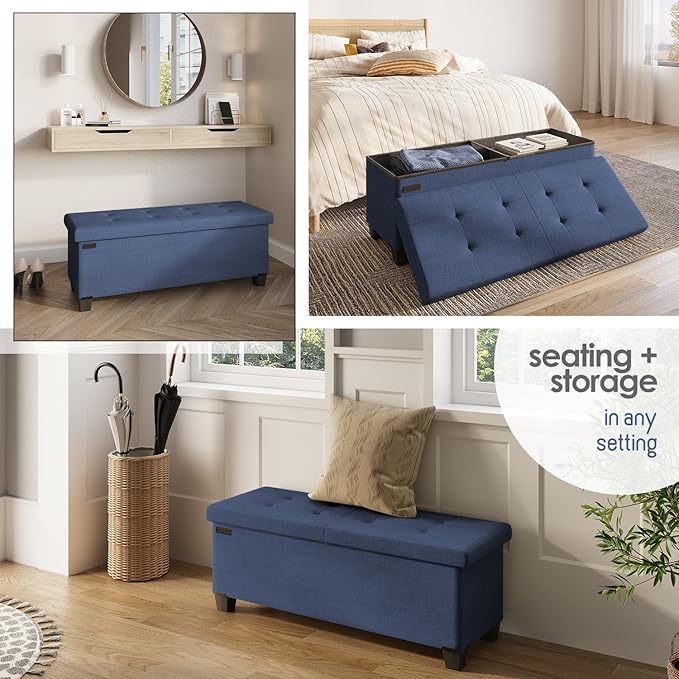 Storage Ottoman Bench with Bins, 43-in Storage Bench for Bedroom End of Bed, Folding Foot Rest Ottoman for Living Room Max 660lbs, Fabric Ottomans, Blue