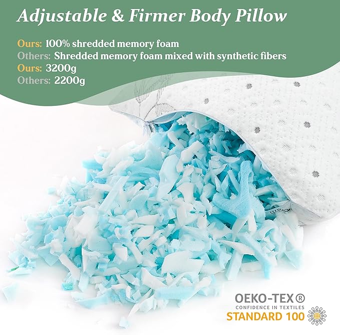 Dreamood Body Pillow Firmer 3200g 100% Shredded Memory Foam Body Pillows for Adults Side Sleeper Pregnancy Full Body Pillow 20x54 inch Adjustable with Washable Viscose Made from Bamboo Cover