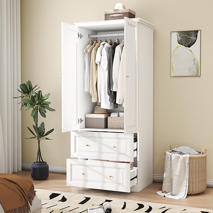 Bedroom Armoires Wardrobe Closet with 2 Doors: 74" White Wardrobe Cabinet with 2 Drawers, Modern Wood Closet for Hanging Clothes, Large Wardrobes Storage Closets (White, 31.4")