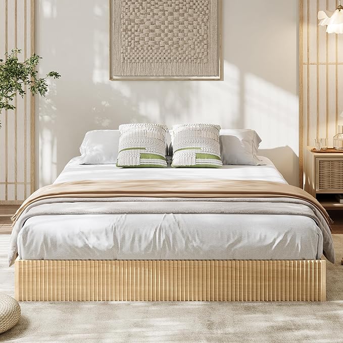 Garvee Full Bed Frame, Wood Platform Bed with Fluted Design, Low Profile BedFrame, Minimalist Bed Base with Noise-Free, Easy Assembly, No Box Spring Needed, Natural