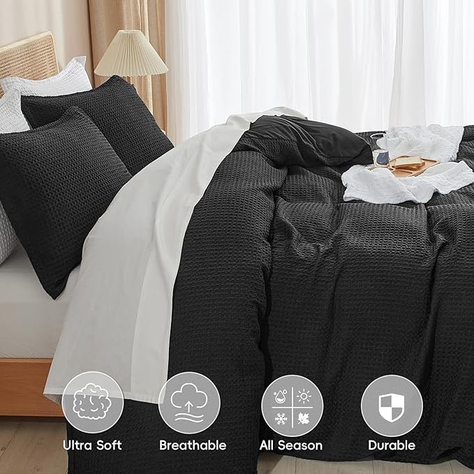 PHF Waffle Weave Duvet Cover Set Twin/Twin XL Size, No Snagging Ultra Soft Luxury Textured Breathable Comforter Cover for All Season 2pcs, Durable Bedding Duvet Set with 1 Pillow Sham, 68"x90", Black