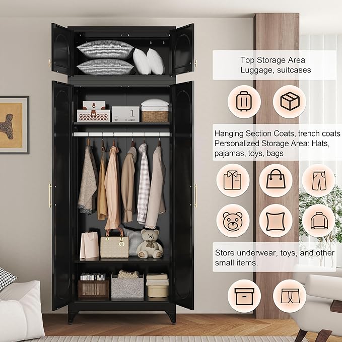 86" Metal Wardrobe Cabinets,Black Armoire Wardrobe Closet with Hanging Rod,Clothes Storage Cabinet with Adjustable Shelves and Doors,Clothing Cabinet for Bedroom, Office, Laundry Room