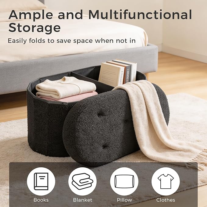 DUMOS Folding Storage Ottoman Bench, Oval Round Ottoman End of Bed Foot Rest Bench Stool with Cushion, Storage Chest for Bedroom, Living Room, Entryway, Dorm, Teddy Fabric, Black