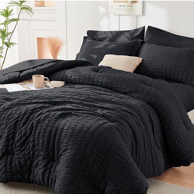 HYMOKEGE Black Oversized King Comforter Set Seersucker 7 Pieces, All Season Luxury Bed in a Bag for Bedroom, Bedding Set with Comforter, Sheets, Pillowcases & Shams