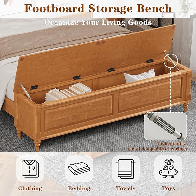 KEIKI Queen Size Platform Bed Frame with Storage Chest, Wooden Sleigh Bed with High Headboard and Footboard Storage Bench, Solid Wood Construction, No Box Spring Needed, Natural