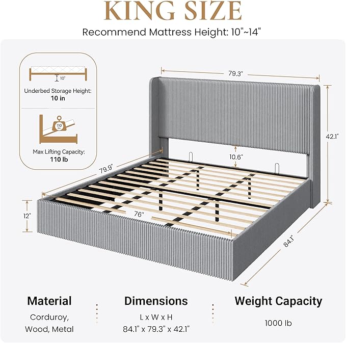 SHA CERLIN King Size Lift Up Storage Bed Frame, Modern Upholstered Wingback Headboard, Hydraulic Support & Underneath Storage, Soft Corduroy Fabric Platform Bed, No Box Spring Needed, Light Grey