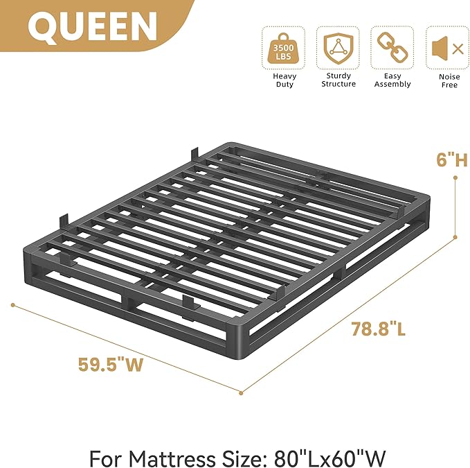 6 Inch Queen Bed Frame with Rounded Corner and Squeak Free U-Slot Design, Metal Platform Bed Frames 6 Non-Slip Guards, 3500lbs Heavy Duty Steel Slat Support, No Box Spring Needed, Black
