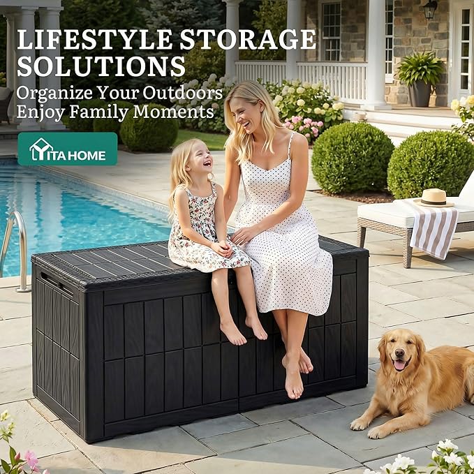 YITAHOME 110 Gallon Outdoor Deck Box, Waterproof Resin Storage Box with Lock, Lockable Patio Furniture Bin, 2-Person Bench Seating for Outdoor Cushions, Garden Tools & Sports/Pool Supplies, Black