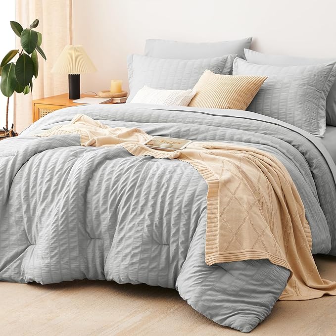 CozyLux King Size Comforter Set Light Grey Seersucker 7 Pieces Bed in a Bag King Comforter Set with Sheets, Light Gray Luxury Bedding Sets with Down Alternative Comforter, Sheets, Pillowcases & Shams