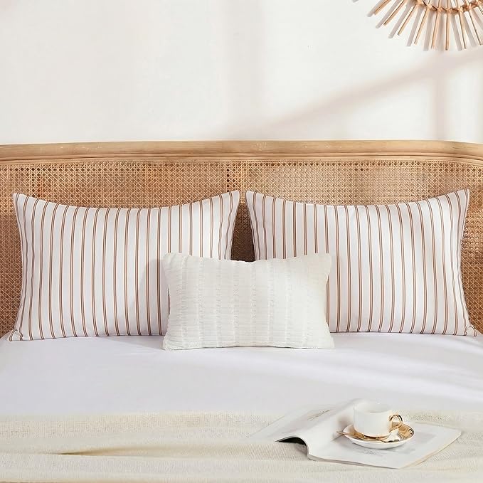 Merryword 100% Cotton Pillow Cases, King Size Pillowcases, Beige and Terracotta Striped Pillowcases, Soft Breathable Engineered Stripes Pillow Covers, Set of 2