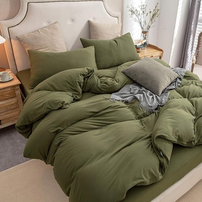 PURE ERA Jersey Knit Duvet Cover Set 100% T-Shirt Cotton Super Soft Comfy 3pc Bedding Set with Zipper Closure (Solid Olive Green, King)