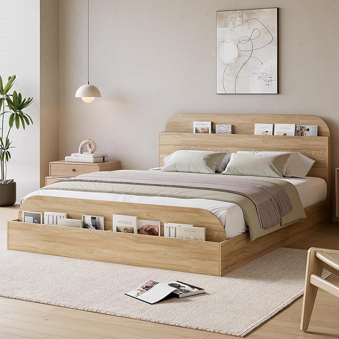 Garvee Queen Size Bed Frame with Storage Headboard and Raised Footboard – Wooden Queen-Floor Low Platform Bed for Bedroom, Heavy Duty & Noise Free, No Box Spring Needed, Natural