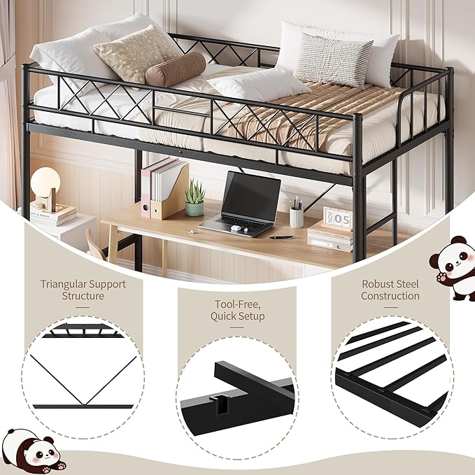 Garvee Loft Bed Twin Size with Arched Safety Guardrail & Safety Ladder, Heavy Duty Metal Frame with Sturdy Steel Slats, No Box Spring Needed, Space Saving for Compact Rooms, Matte Black