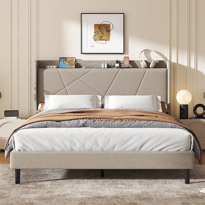 King Size Linen Bed Frame, Storage Headboard with Charging Station, Upholstered Platform Bed with Wooden Slats Support, Solid and Stable, Noise Free, No Box Spring Needed, Easy Assembly, Beige