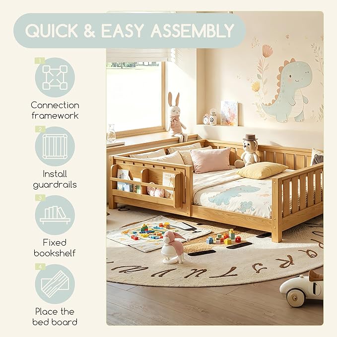 Bellemave Full Size Floor Bed Frame with Fence & Bookshelf, Solid Pinewood Montessori Floor Bed Full with Slats Load 450LBS, Low Profile Floor Bed for Kids, Bedroom, Nursery, Easy Assembly, Natural