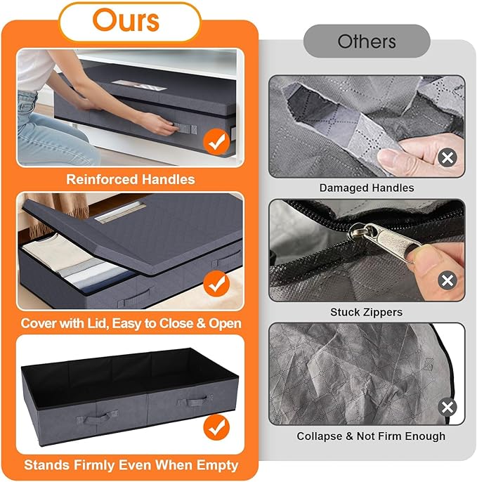StoreHappily Under Bed Storage Containers with Lids - 3 Pack, Foldable and Stackable Clothes Storage Bags with Clear Window, 3-Sided Handles and Label Slot for Clothing, Blankets, Pillows (Grey)