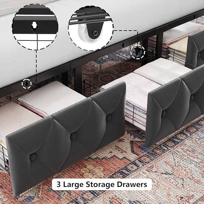 Keyluv King Upholstered Canopy Bed Frame with 3 Storage Drawers & Button Tufted Headboard, Metal Platform Bed with 4 Removable Posts, Two-Purpose Velvet Bed, Dark Grey/Curtain Not Included