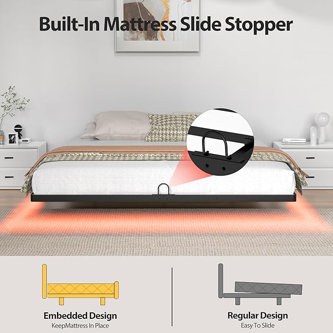 Floating Bed Frame with Smart LED Lights Metal Platform Bed Easy Assembly No Box Spring Needed (Queen)