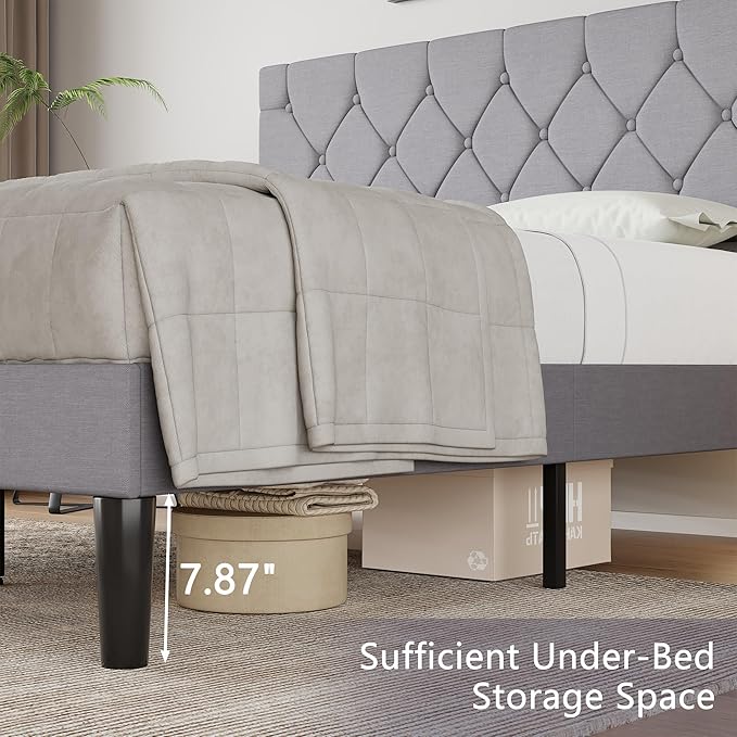 VECELO Queen Size Bed Frame with Button Tufted Headboard, Upholstered Platform Bedframe with Wood Slat Support, No Box Spring Needed, Velvet & White